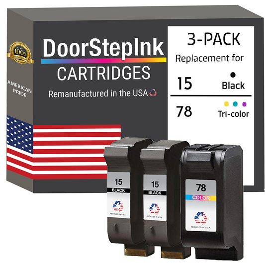 DoorStepInk Brand for HP 15 2 Black / 78 1 Color 3-Pack Remanufactured in the USA Ink Cartridges